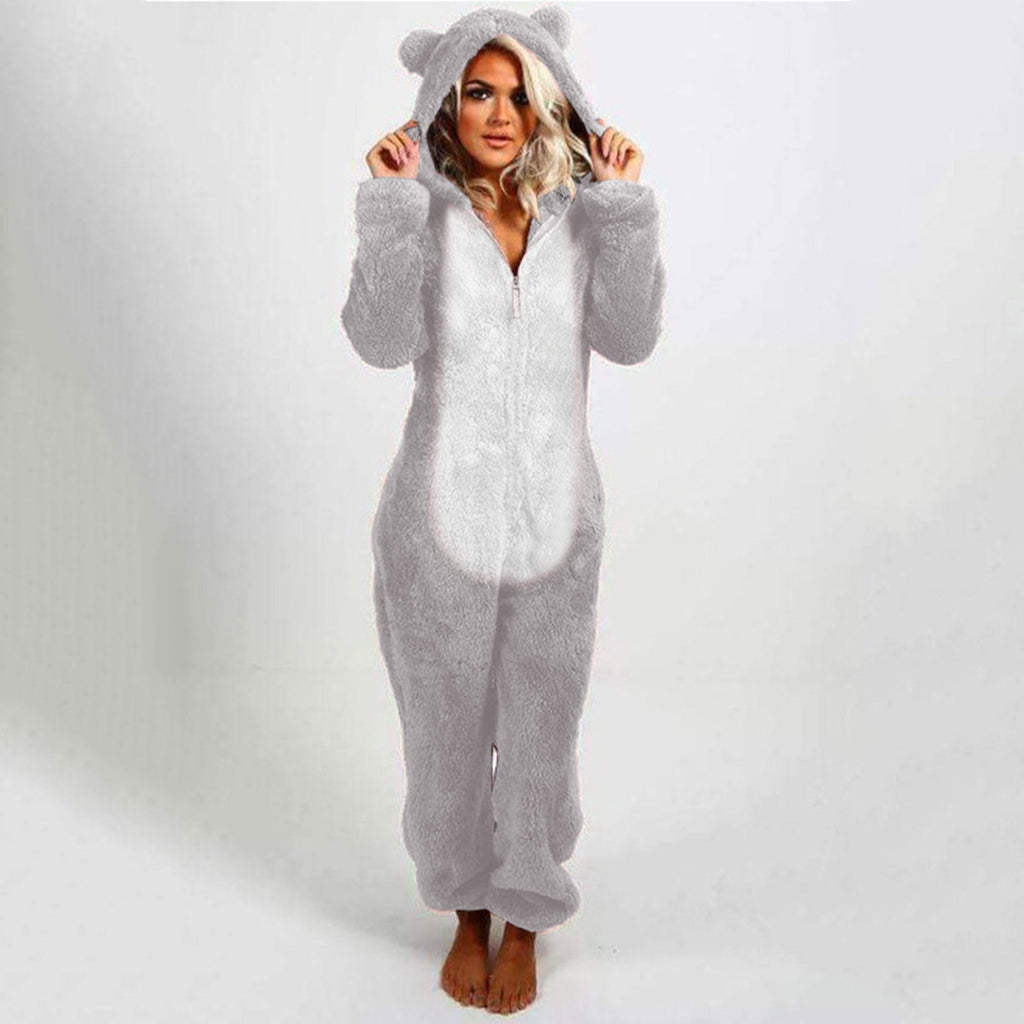 QATAINLAV Sherpa Fleece Jumpsuit for Women Winter Warm Fuzzy Onesie Pajamas Cute Cat Hooded Romper Casual Zip Up Overalls Sleepwear Black XL
