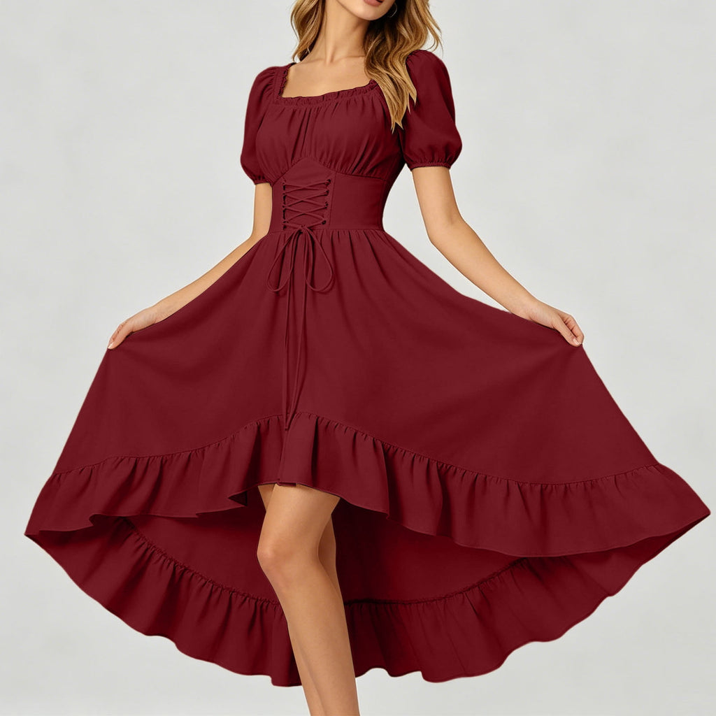 Gothic Dresses for Women Medieval Renaissance Halloween Costume Lace Up Corset High Low Ruffle Hem Square Neck Vintage Gown