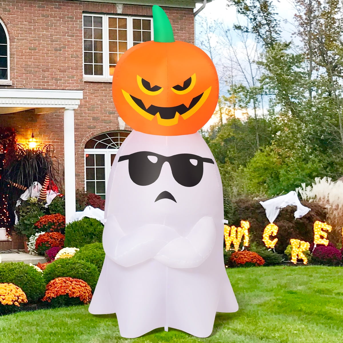 GOOSH Halloween Inflatables 6 FT Inflatable Ghost with Pumpkin, Cute Halloween Ghost Inflatable Halloween Decoration with LED Lights, Outdoor Halloween Decorations Blow up Ghost for Holiday Party