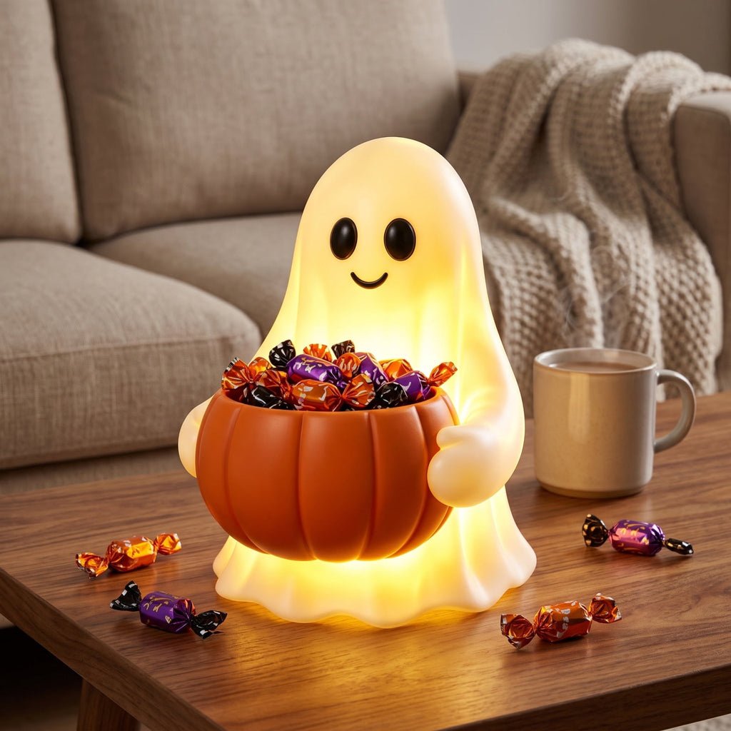 Cute Reading Ghost in Teacup Figurine, Resin Ghost Statue with Pink Bow Heart Floral Cup, Table Centrepiece Tiered Tray Desk Shelf Decor, Small Halloween Decorations, 4.5 Inch