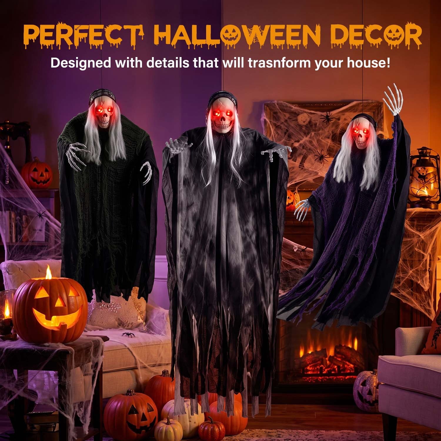 Ayieyill 3 Pack Hanging Skeleton Ghosts for Halloween Decorations Outdoor, Grim Reaper for Halloween Decor
