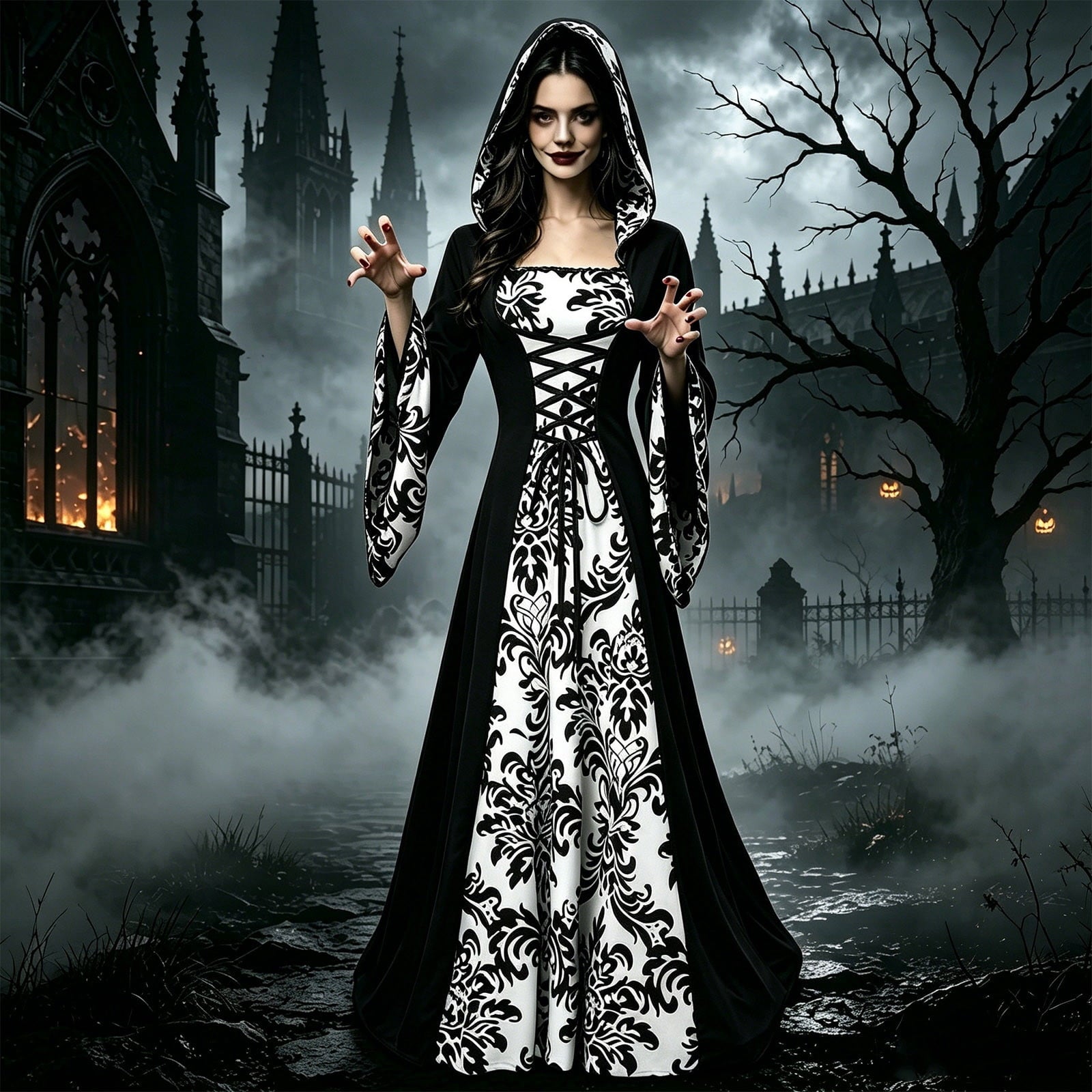 KICILVS Witch Costume Women Hooded Gothic Robe Corset Waist Bell Sleeve Maxi Length Damask Print Vampire Cloak Outfit White