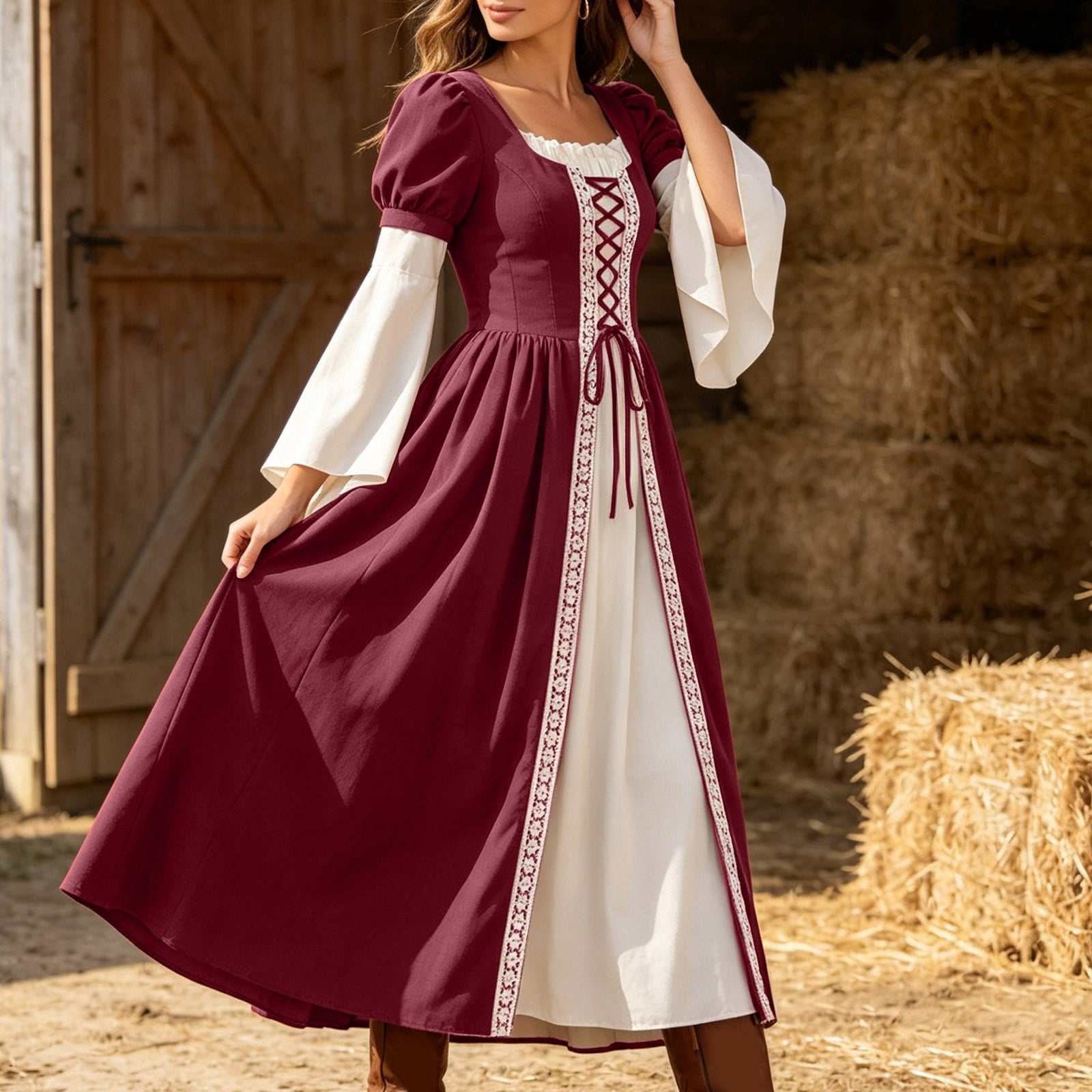Hurxie Renaissance Costume Women Peasant Medieval Dress Maxi Fairy Dresses with Bell Sleeve Vintage Ren Faire Outfit