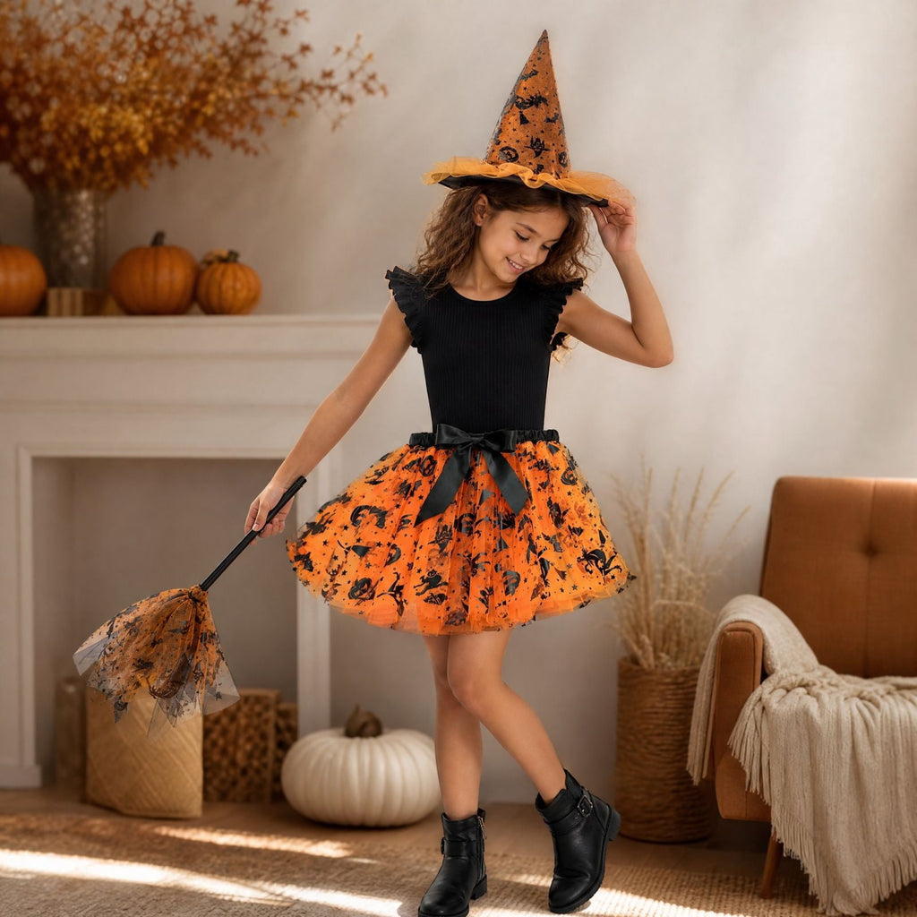 choiix Witch Tutu Skirt and Hat Set with Broomstick Halloween Costume Outfit with Printed Tulle Skirt and Witch Hat Cosplay Outfit for Party 100