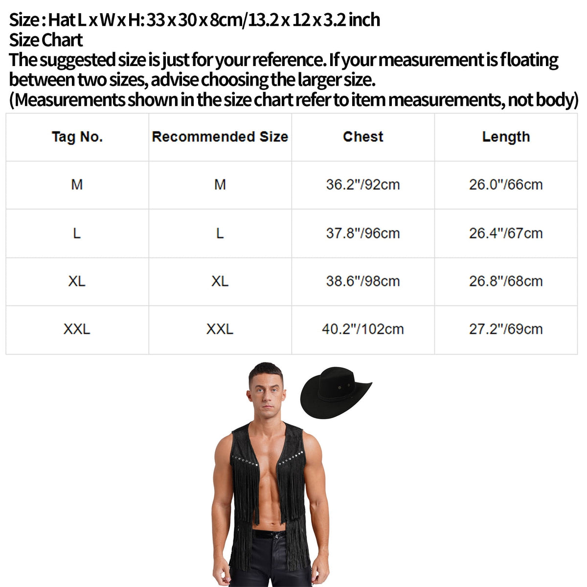 TiaoBug Men's Western Cowboy Cosplay Costume Tassel Rivets Waistcoat with Wide Brim Hats Sets Black L