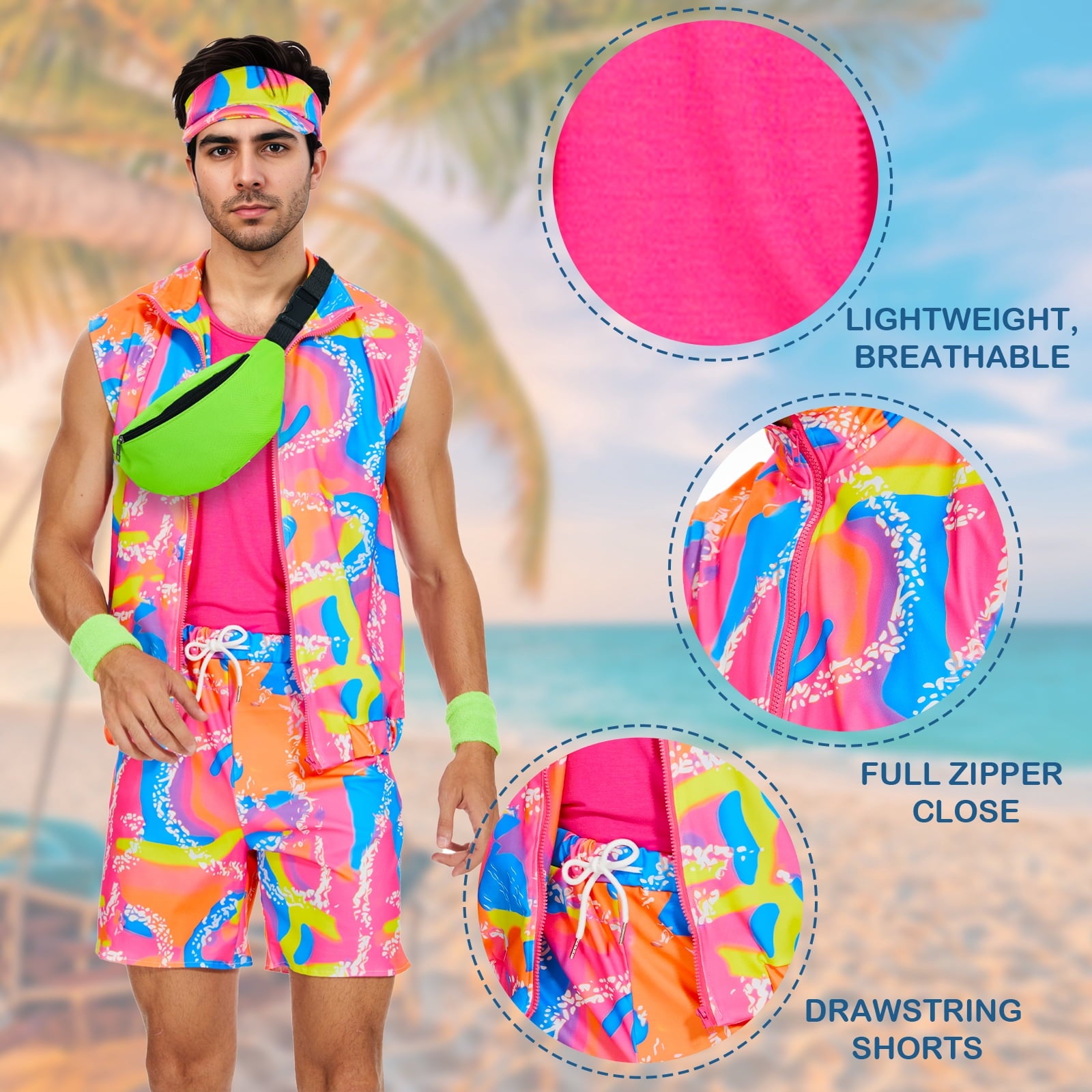 MYATED 6 Pieces 80s Men Workout Costume Halloween Cosplay Outfits 80s 90s Workout Outfit Party Clothing for Adult Mens,XL