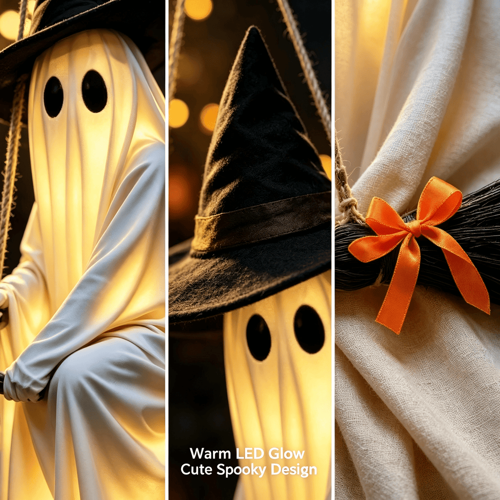 5 FT DIY Hanging Swing Ghost Halloween Decor, Light-Up Flying Ghost on Broomstick with Witch Hat, Spooky Cute Outdoor Halloween Decorations for Front Porch Yard Tree (Remote-controlled light-up )