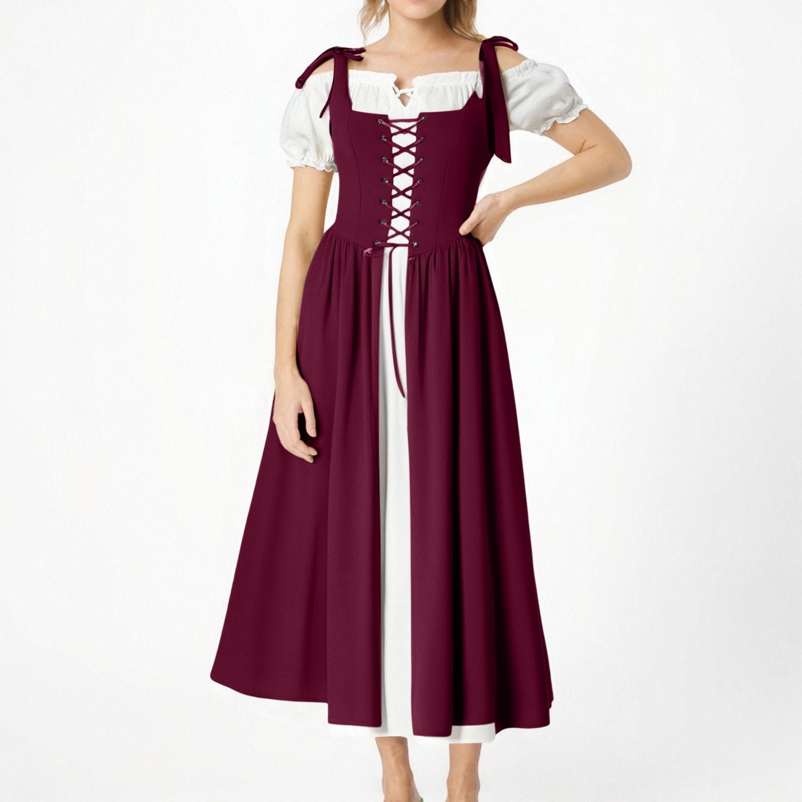 QATAINLAV Renaissance Costume Women Vintage Medieval Dress Cold Shoulder Short Sleeve Peasant Pirate Irish Maxi Dresses, Black, L