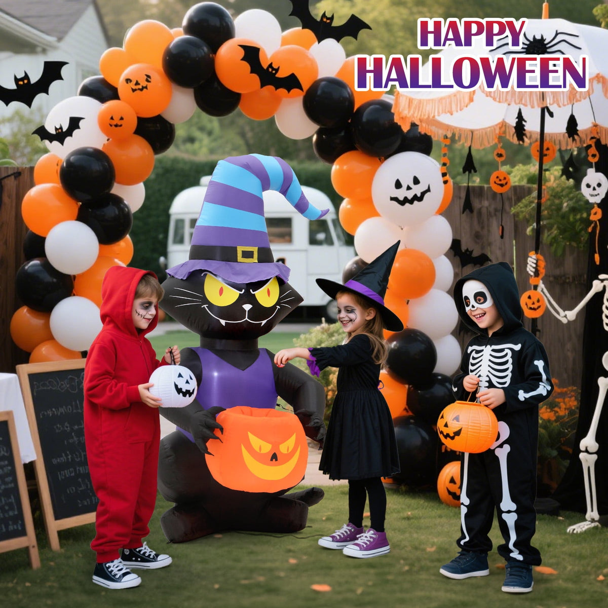 Toiyjofe 6ft Halloween Inflatable Black Cat with Glowing Jack o' Lantern and Witch Hat, Outdoor LED Trick-or-Treat Decoration for Yard, Lawn & Porch