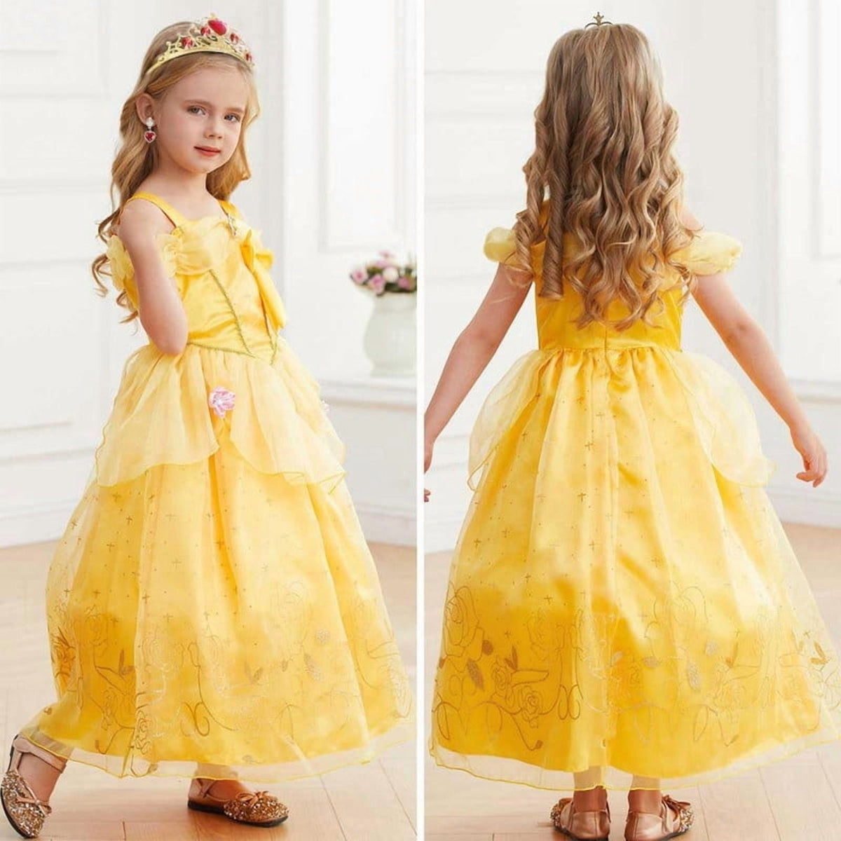 Jurebecia Princess Dress for Girls Costume Kids Off Shoulder Layered Toddler Halloween Cosplay Birthday Party Outfit up Yellow 120 cm 5-6 Years