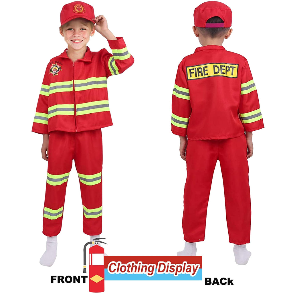NimJoy Fireman Halloween Costume Dress-up Set Pretend Role Play Firefighter Realistic Outfit Kit Preshool Toy for Boys 3-6 Years Toddler Birthday Christmas Present, 8Pcs Red