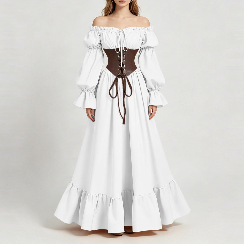 QATAINLAV Renaissance Costume Women Vintage Medieval Dress Cold Shoulder Short Sleeve Peasant Pirate Irish Maxi Dresses, Black, L