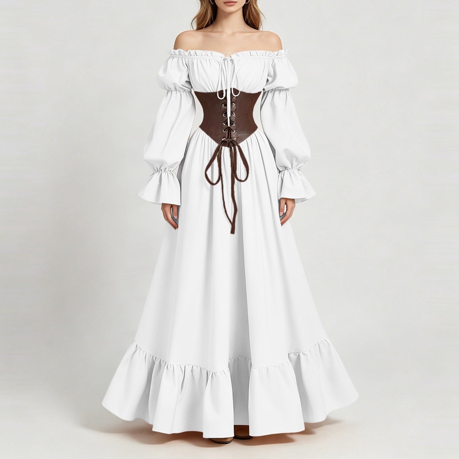 QATAINLAV Renaissance Costume Women Vintage Medieval Dress Cold Shoulder Short Sleeve Peasant Pirate Irish Maxi Dresses, Black, L