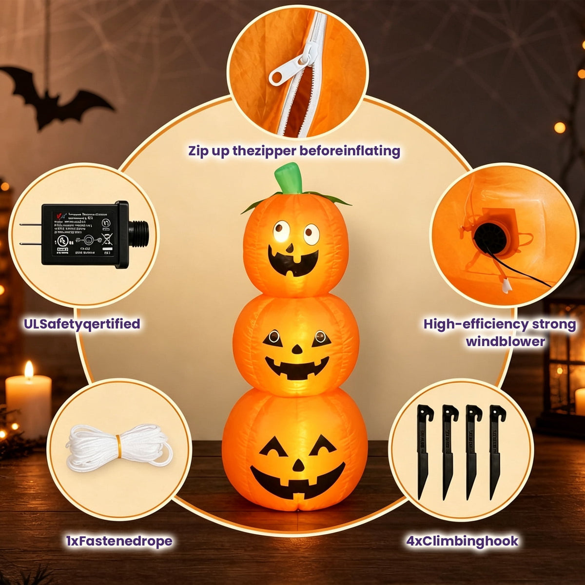 6 FT Halloween Inflatables Stacked Pumpkins Ghost with Build-in LEDs for Porch,Halloween Pumpkin Decor Blow up Yard Decorations