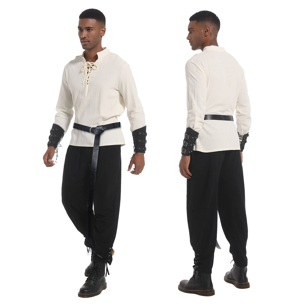 MYATED 5 Pcs Halloween Men's Renaissance Costume Set Medieval Pirate Shirt Ankle Banded Pants Viking Costume Accessories Set,Black,M