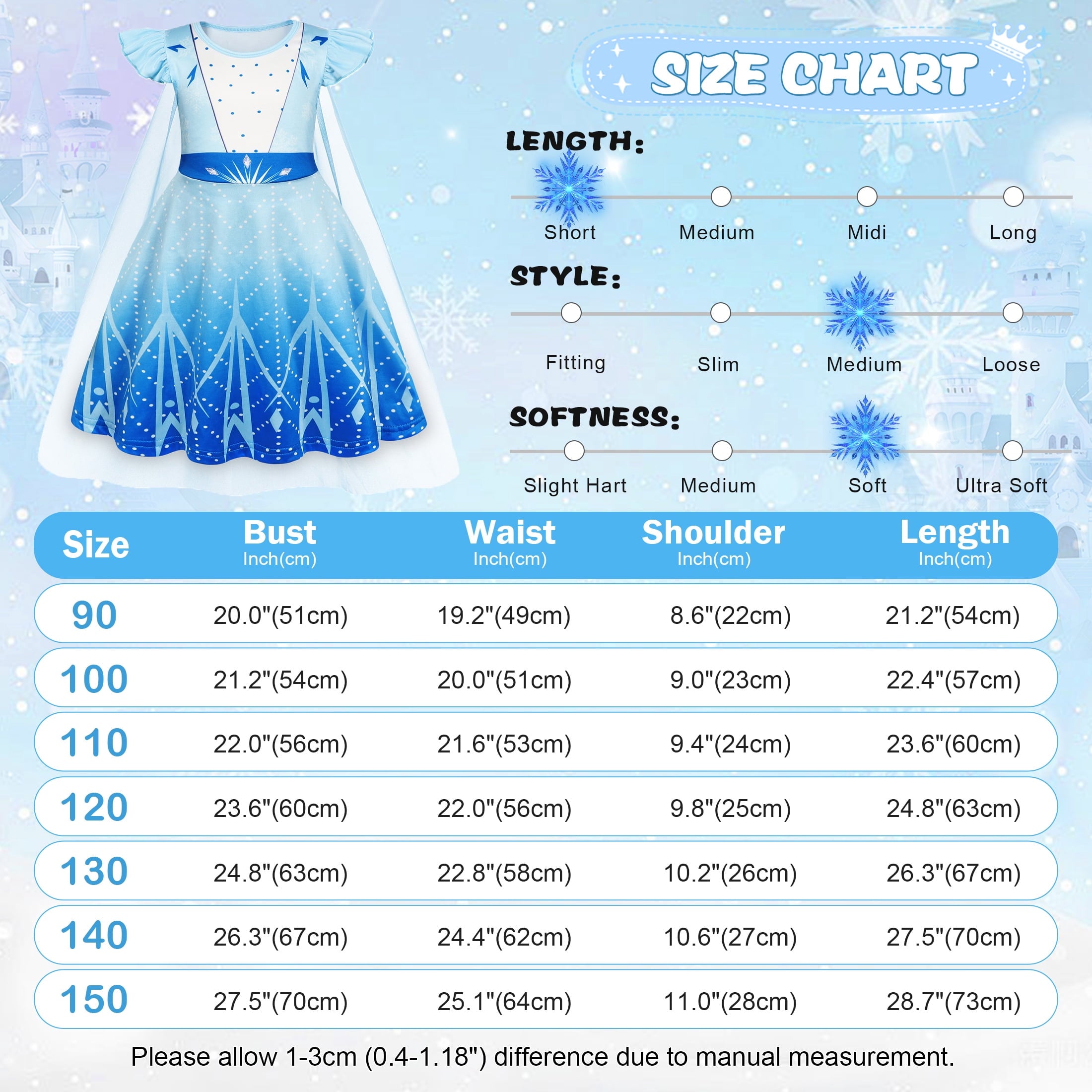Benylion Girls Ice Princess Dress Halloween Cosplay Costumes With Tulle Cape Kids Birthday Party Dress up Outfit for 7-8 Years