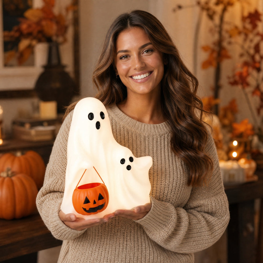 Trick or Treat Ghost Statue, Lighted Halloween Ghost Figurine with Pumpkin Candy Bucket, Blow Mold LED Decoration for Fall Porch Tabletop Home Decor