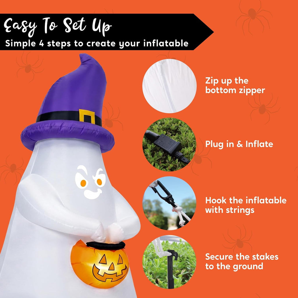 Joyfy 6 ft Halloween Inflatable Witch & Cauldron,Blow Up Decor with Rotating Green Ghost Projection Built-in LEDs,Outdoor Decoration for Party,Yard,Garden
