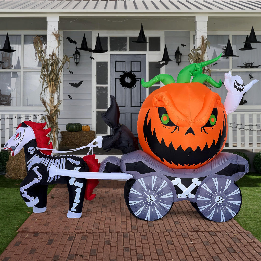 Joyfy 8ft Long Halloween Inflatables Outdoor Decorations,Spooky Pumpkin Carriage with Built-in LEDs,Blow Up Halloween Decoration for Yard