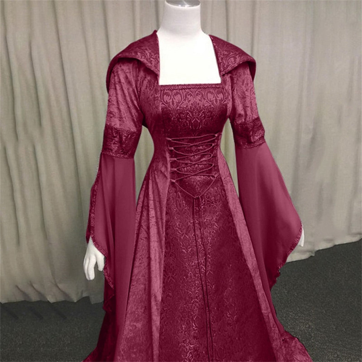 Women Gothic Cold Shoulder Midi Dress, Sheer Flare Bell Sleeve Front Corset Irregular Witch Costume Dress, Adult Halloween Dark Aesthetic Vintage Formal Evening Cosplay Party Outfit(Navy-2/M)