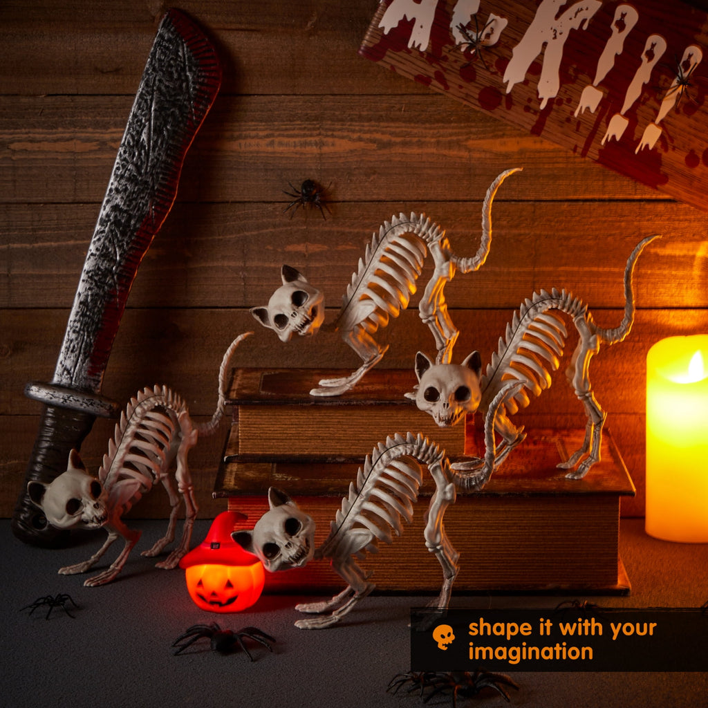Joyfy 2 Pcs Cat Skeleton Halloween Decoration,7 Inch Posable Plastic Animals Halloween Skeleton for Indoor Outdoor Halloween Decorations,Haunted House Party Props