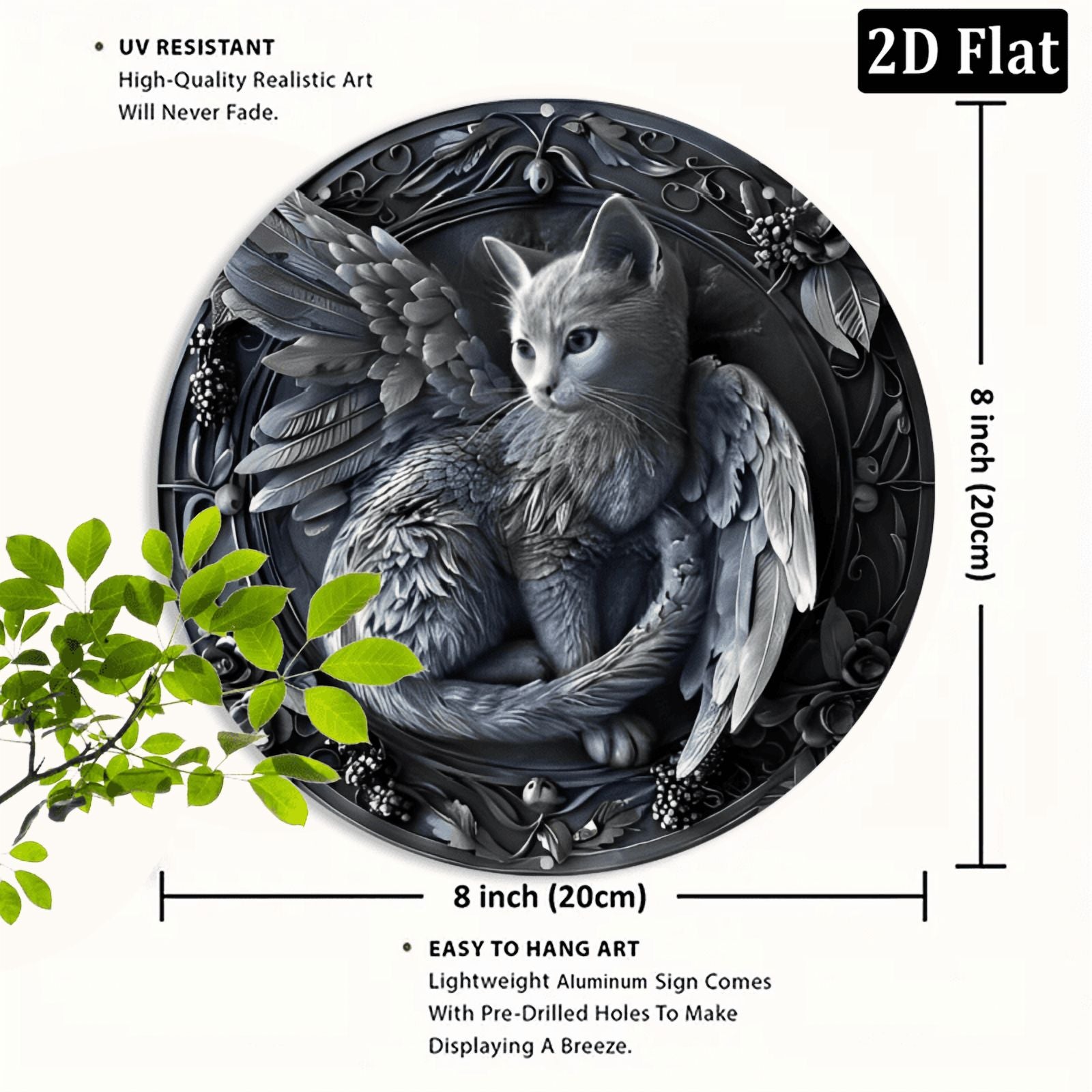 2D Flat, Vintage Angel Cat Round Aluminum Wall Art Sign 8*8 Inch, Detailed Gray Winged Cat Design with Feathers & Floral Patterns, Perfect for Home, Office, Bar, or Kitchen Decor, Unique Halloween