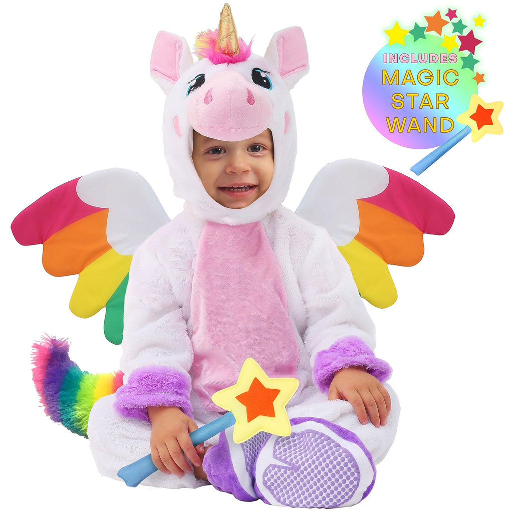 Joyfy Unicorn Costume for Kids Toddlers, One Piece Jumpsuit with Wings and Star Wand for Girls Halloween Dress Up Party 0-7 Years