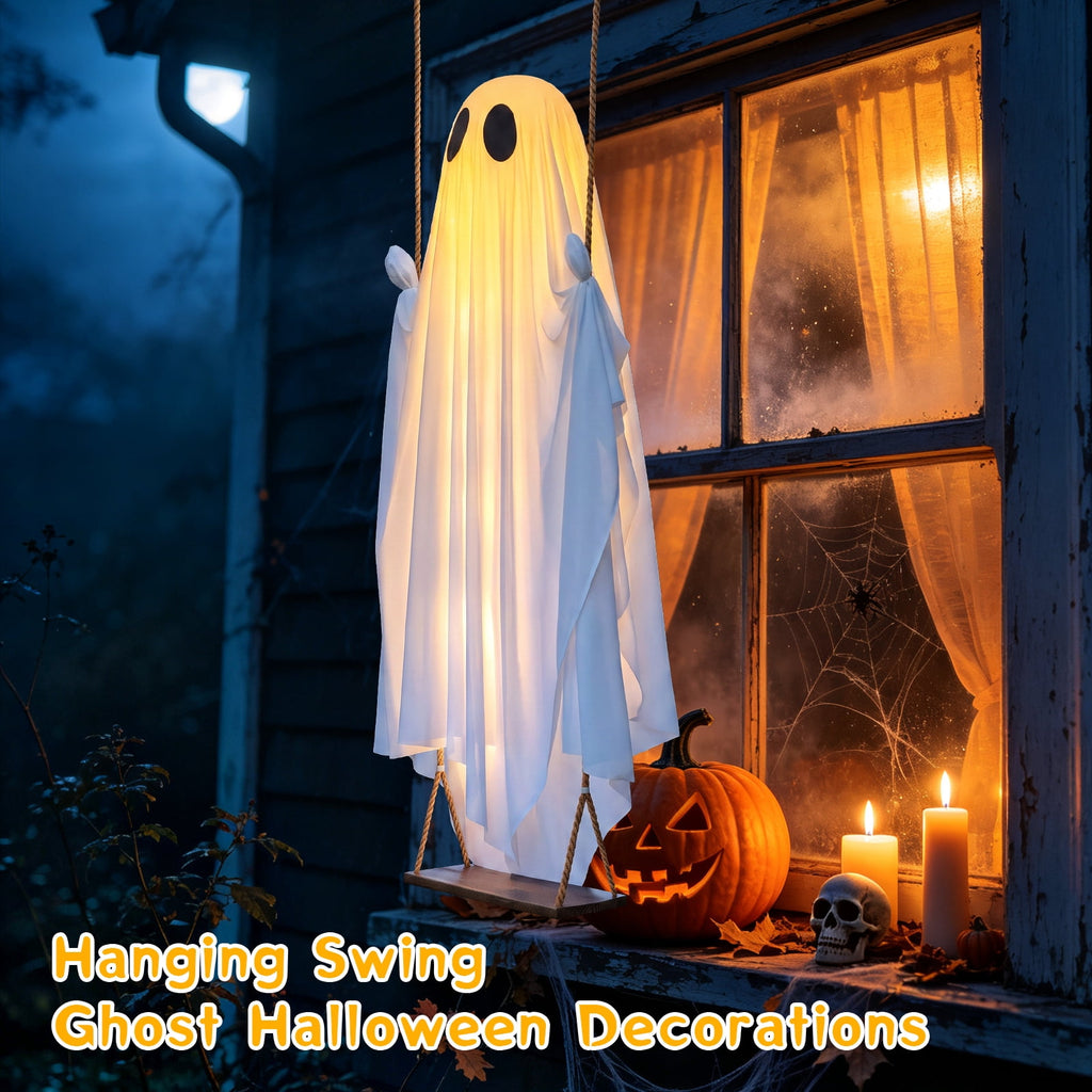 Ninonly Halloween Decorations Outdoor,5 Ft Large Hanging Swing Ghost Halloween Decor with String Lights, Spooky Cute Ghosts Decorations for Front Yard Tree