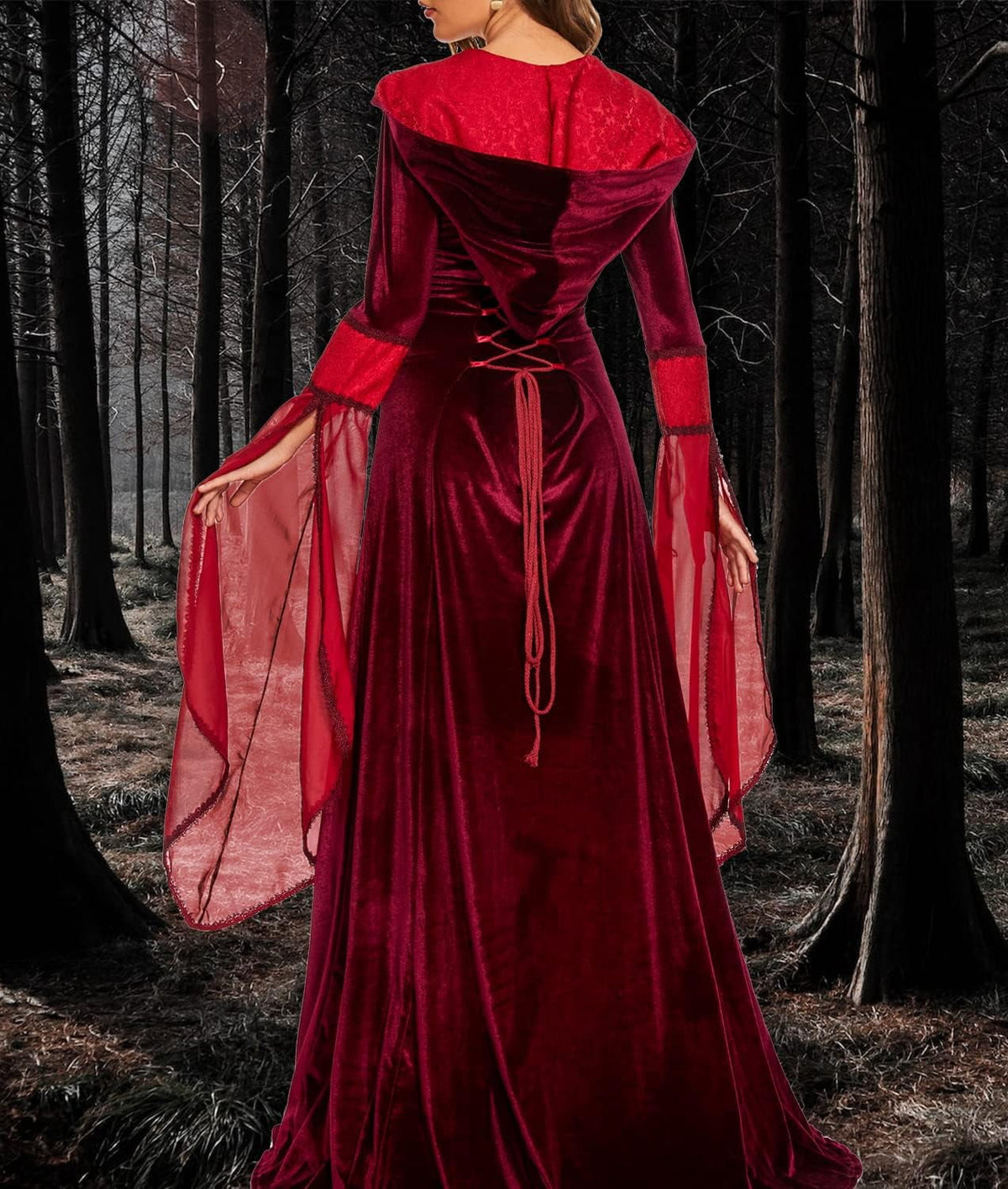 Halloween Witch Costume Women, Deluxe Witch Dress Costume, Vintage Embroidered Renaissance Gothic Hooded Vampire Gown Dress Cosplay Costumes Red S