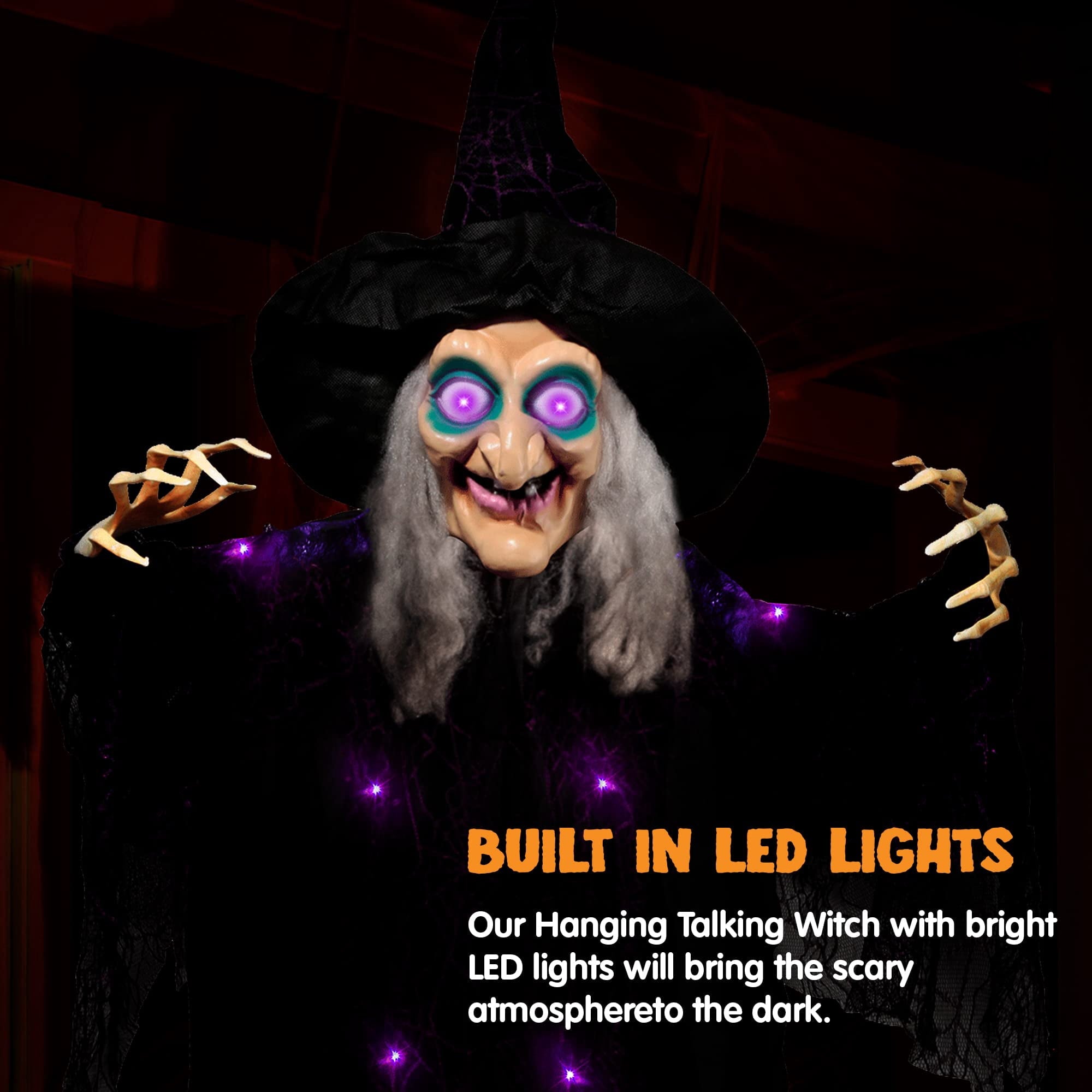 Joyfy 6ft Halloween Witch Decoration,Outdoor Scary Halloween Animatronic Hanging Witch with Light Up Eyes and Sound Decoration for Halloween Outdoor