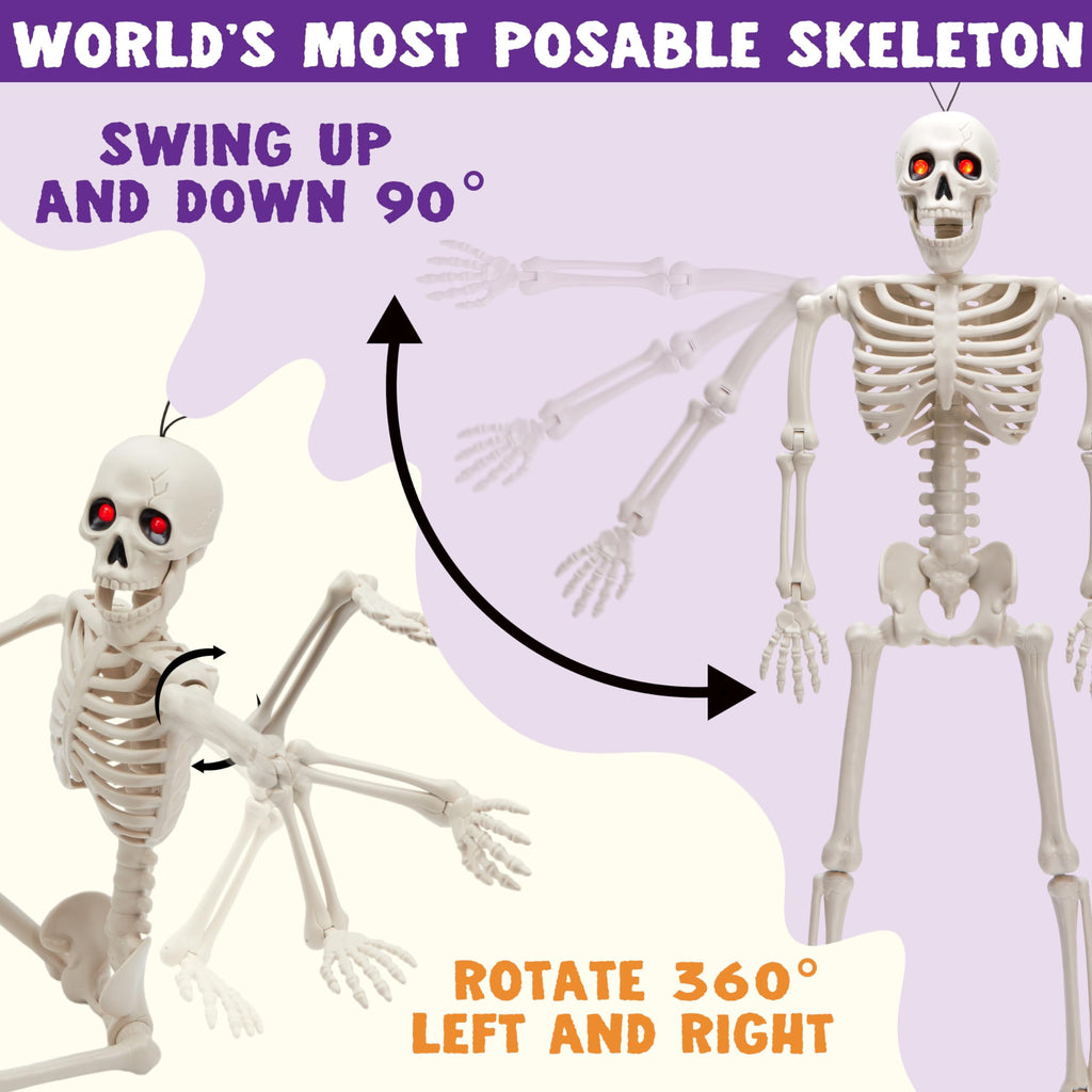Joyfy 24 Inch Halloween Skeleton Decor with LED Light Eyes,Posable Skeleton Halloween Prop Full Body with Movable Joints for Haunted House Indoor Outdoor Decoration Spooky Decor