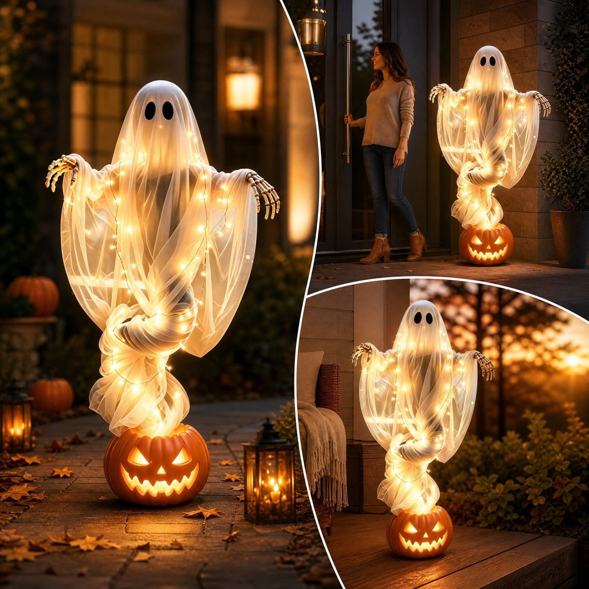 Halloween Light-Up Ghost Decorations Outdoor - 6.5 FT - 8 Sounds Gaint Hanging Swing Ghost Halloween Decoration, Spooky Cute Ghosts Decorations for Front Porch Yard Tree