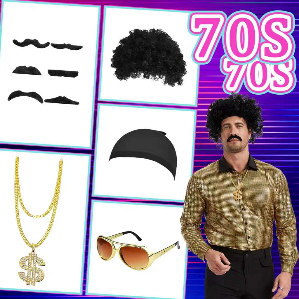MYATED 70s Disco Costume for Men 6 Pcs Dance Bell Bottom Pants Retro Shirts Wigs Sunglasses Necklace Shirts for Disco Party (Black,L)