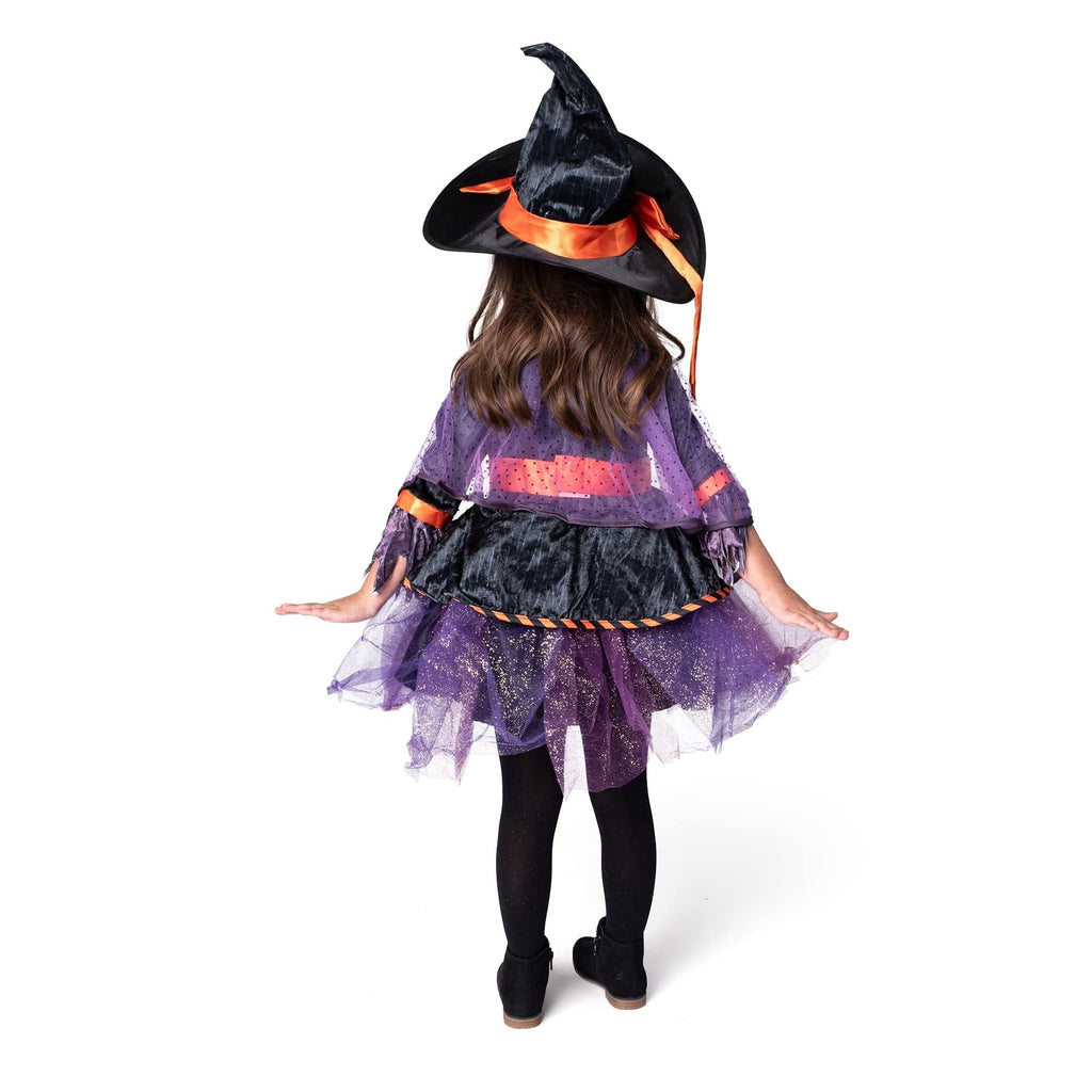 Joyfy Witch Costume for Girls, Purple Witch Dress with Broom Hat for Kids and Toddlers Halloween Dress up Parties