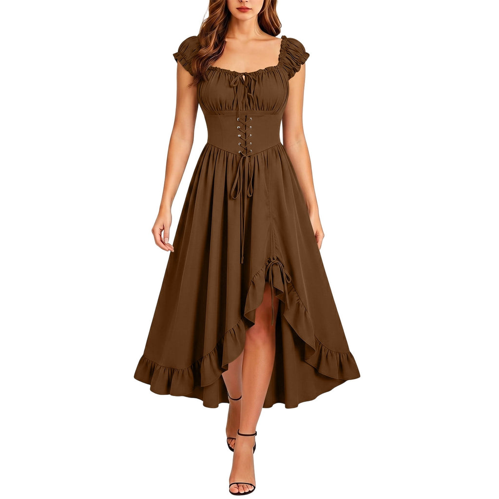 Gothic Dresses for Women Medieval Renaissance Halloween Costume Lace Up Corset High Low Ruffle Hem Square Neck Vintage Gown