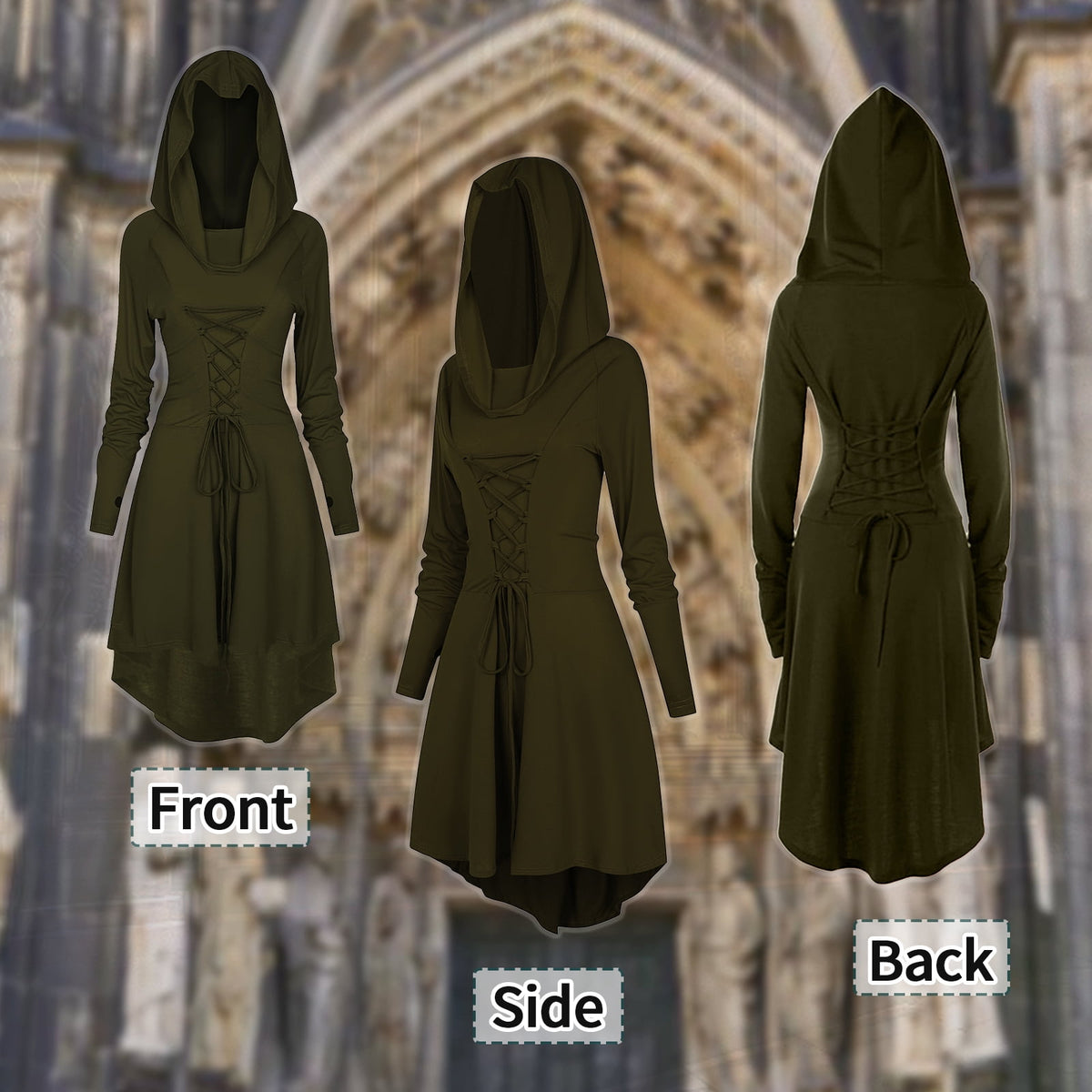 WASFDN Womens Renaissance Costumes Hooded Robe Lace Up Renaissance Dress Women Halloween Vintage Medieval Cloak(Green,L)
