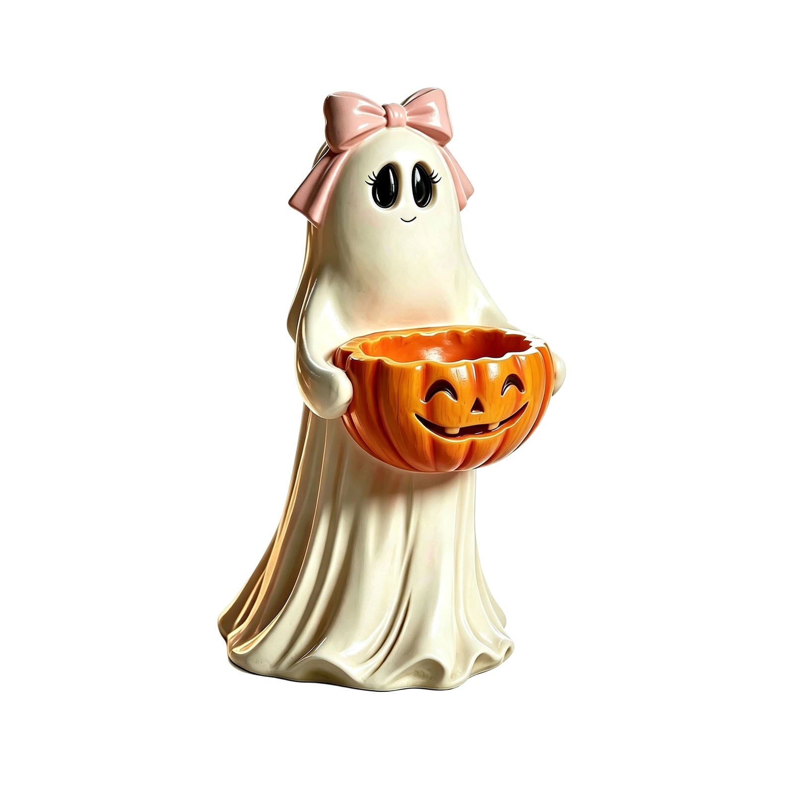 Clearance Halloween Ghost Resin Figurine with Black Cat & Pumpkin Candy Bowl 10“- Cute Spooky Tabletop Decor for Home Mantel, Shelf, and Indoor Fall Display