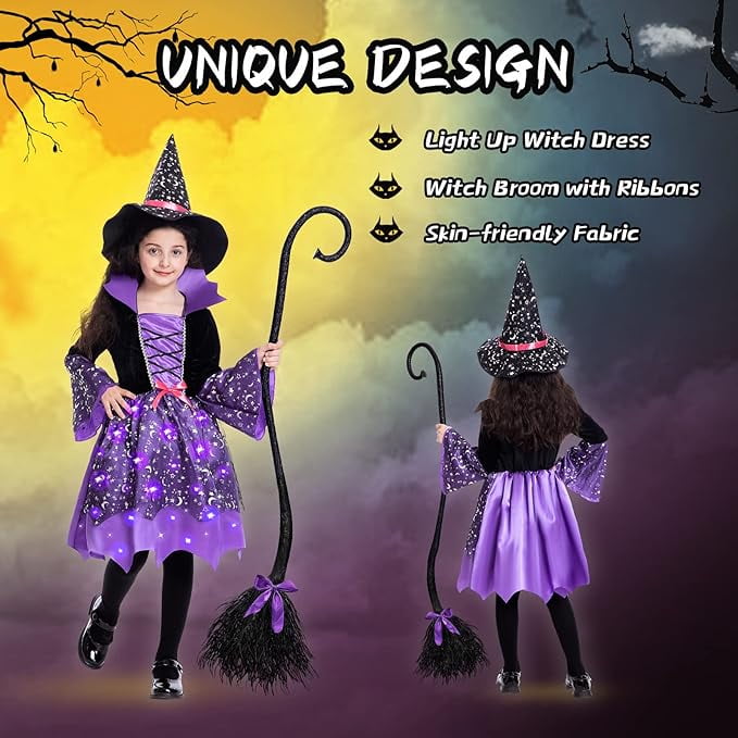 Sefiry Light-Up Witch Halloween Costume for Girls, LED Glowing Dress, Hat & Broom Set, 5-7T