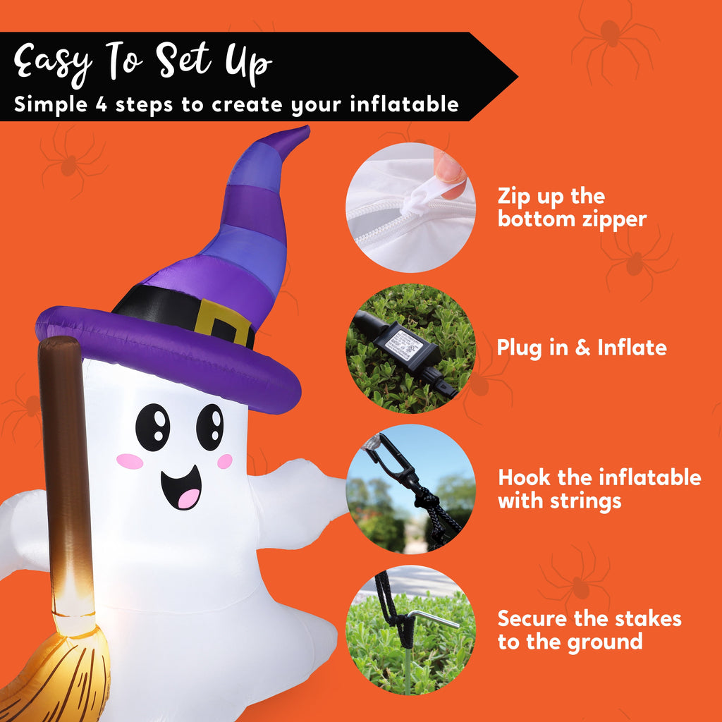 Joyfy 5ft Halloween Inflatables Light up Cute Ghost,Blow Up Ghost Lift Pumpkin Candy Bag with Build-in LEDs for Yard Decorations