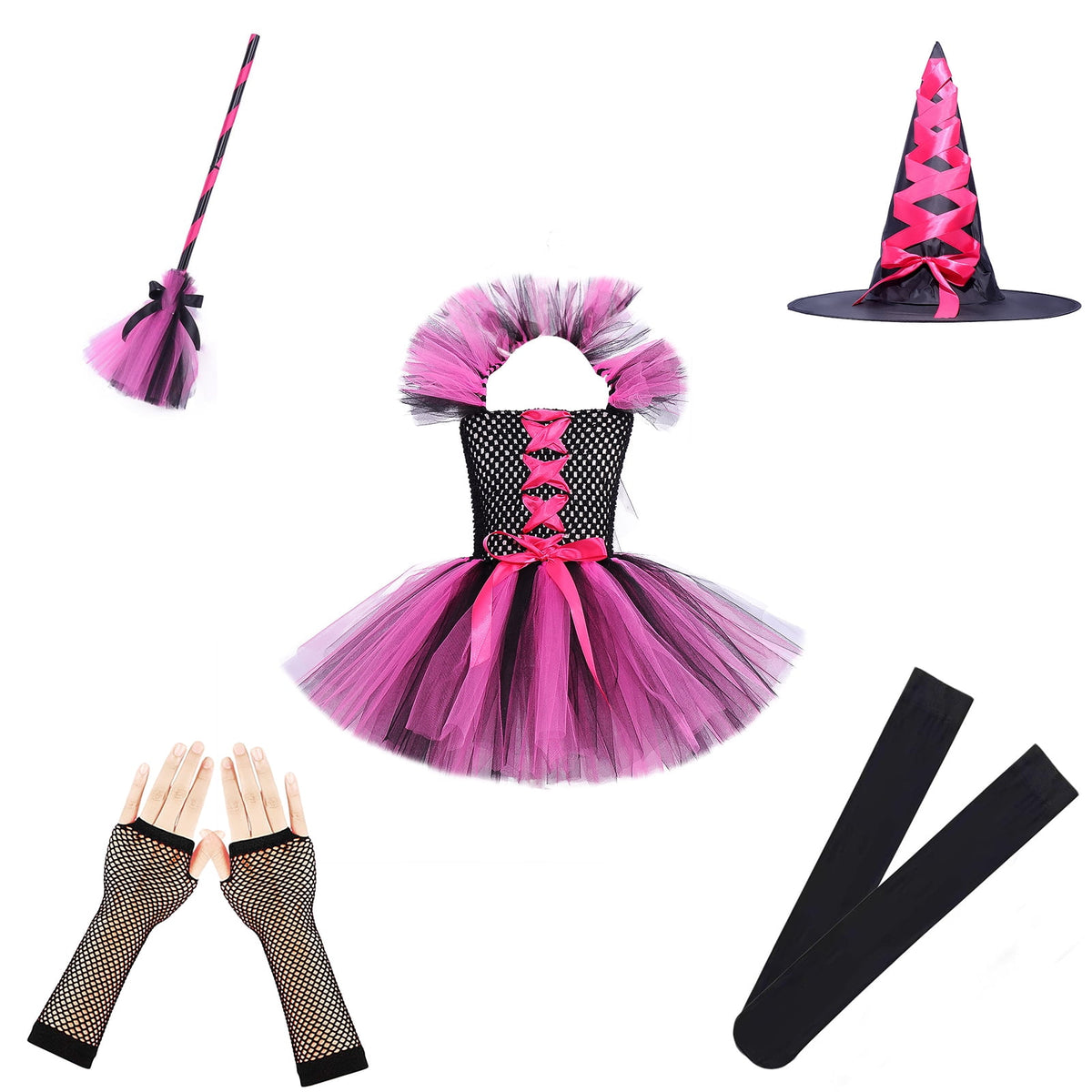 Halloween Cute Purple Witch Costume Set for Toddler Girls, Bat Outfit Dress with Witch Hat & Magic Broom