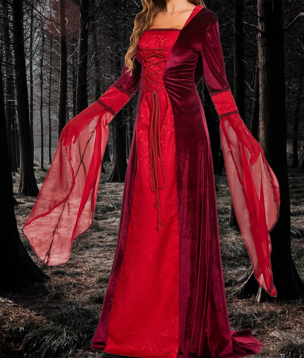 Halloween Witch Costume Women, Deluxe Witch Dress Costume, Vintage Embroidered Renaissance Gothic Hooded Vampire Gown Dress Cosplay Costumes Red S