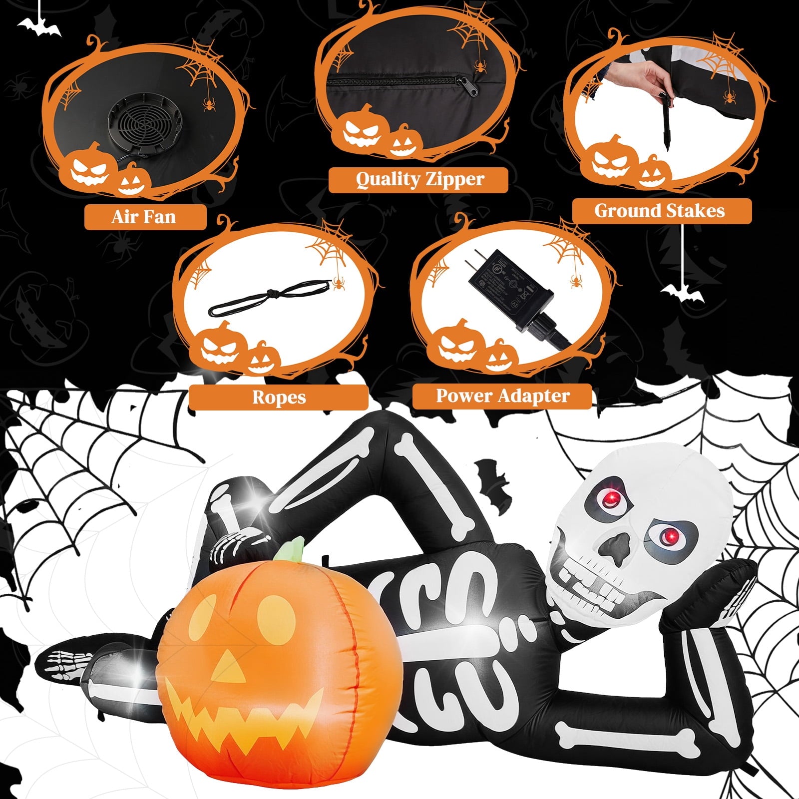 7ft Halloween Inflatable Lying Skeleton with 7 LED Lights for Lawn Decor