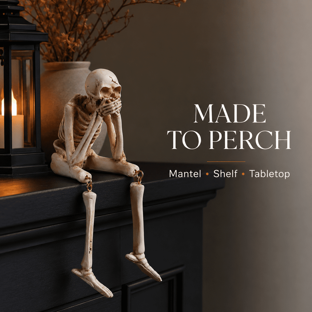 Halloween Decor Skeleton Statue Figurines Skull Decor See No Evil Hear No Evil Speak No Resin Skeleton Shelf Sitters Sitting Figurines for Home Kitchen Party Decor Table Ledge Edge Decorative (C)