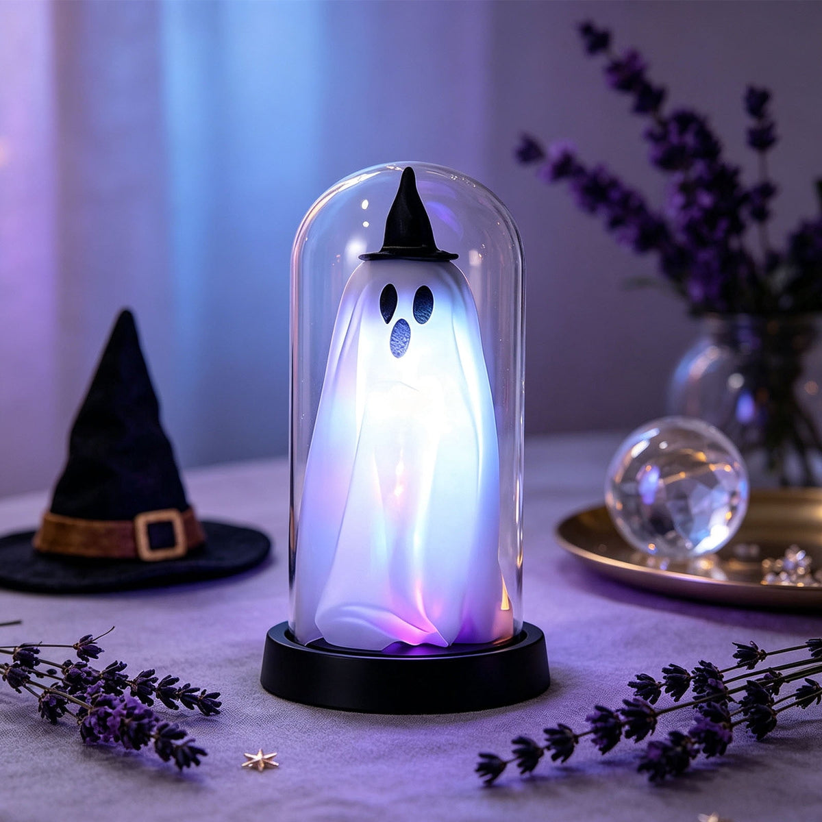 Darzheoy Halloween Decoration Ghost Cloche Lamp, with 3 Mini Figurines, Halloween Ghost Spooky, White Warm Glow, 1 Count