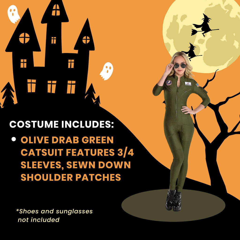 Party City Top Gun: Maverick Flight Costume for Women, Halloween, Olive Green, Medium (6-8), Catsuit with Zipper
