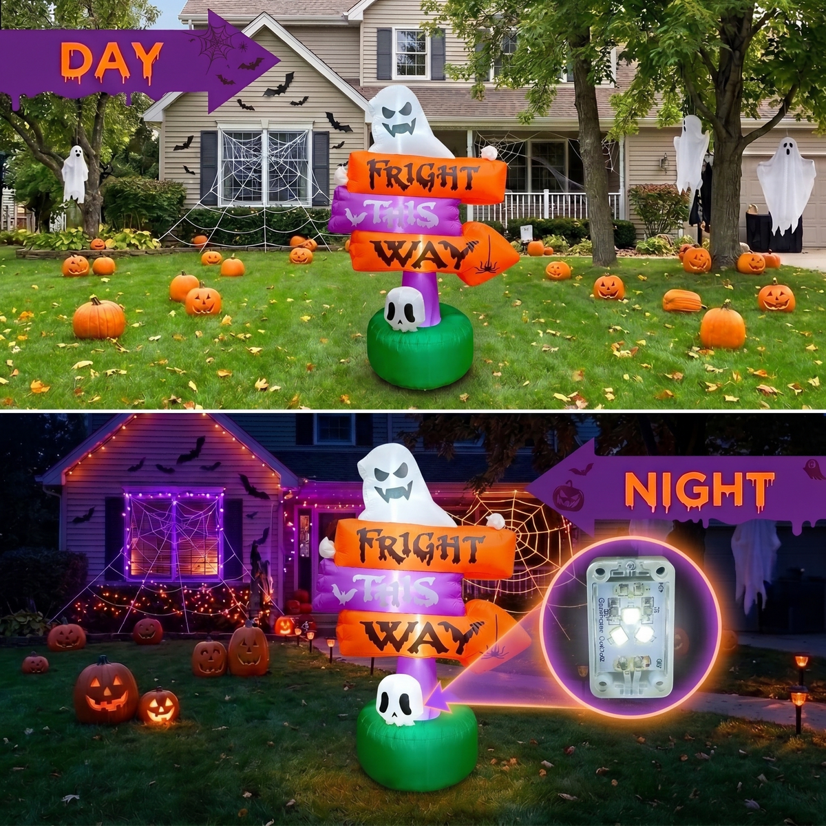 Glazina 7 FT Halloween Inflatable Ghost Signpost with Skull Spider, Built-In LED Lights, Outdoor Halloween Blow Up Yard Decoration