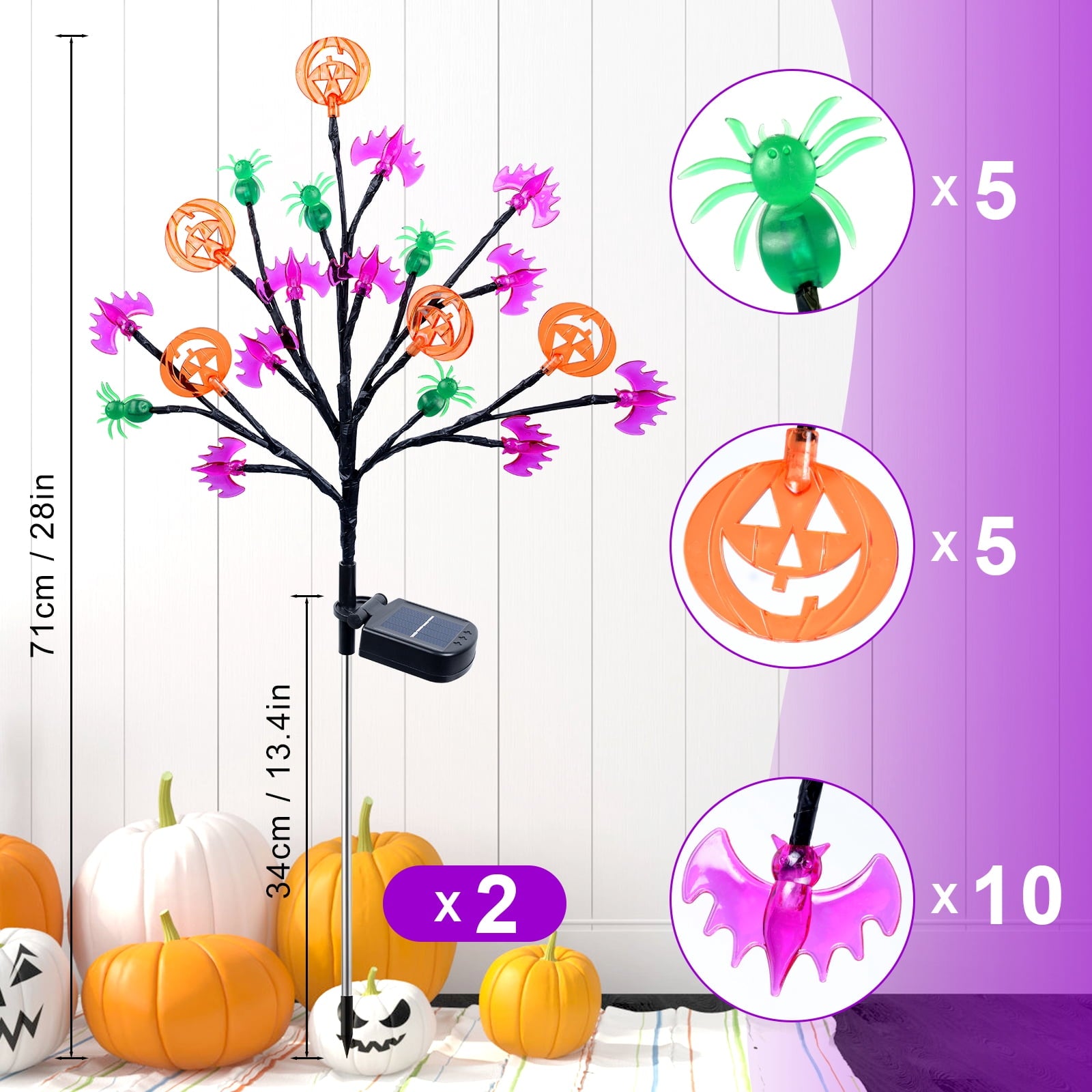 Qoosea 2 packs 40 LED Solar Halloween Lights, 2 Modes Halloween Bats Spiders Pumpkin Lights for Outdoor Decorations, Waterproof Stakes for Garden Yard Pathway Walkway