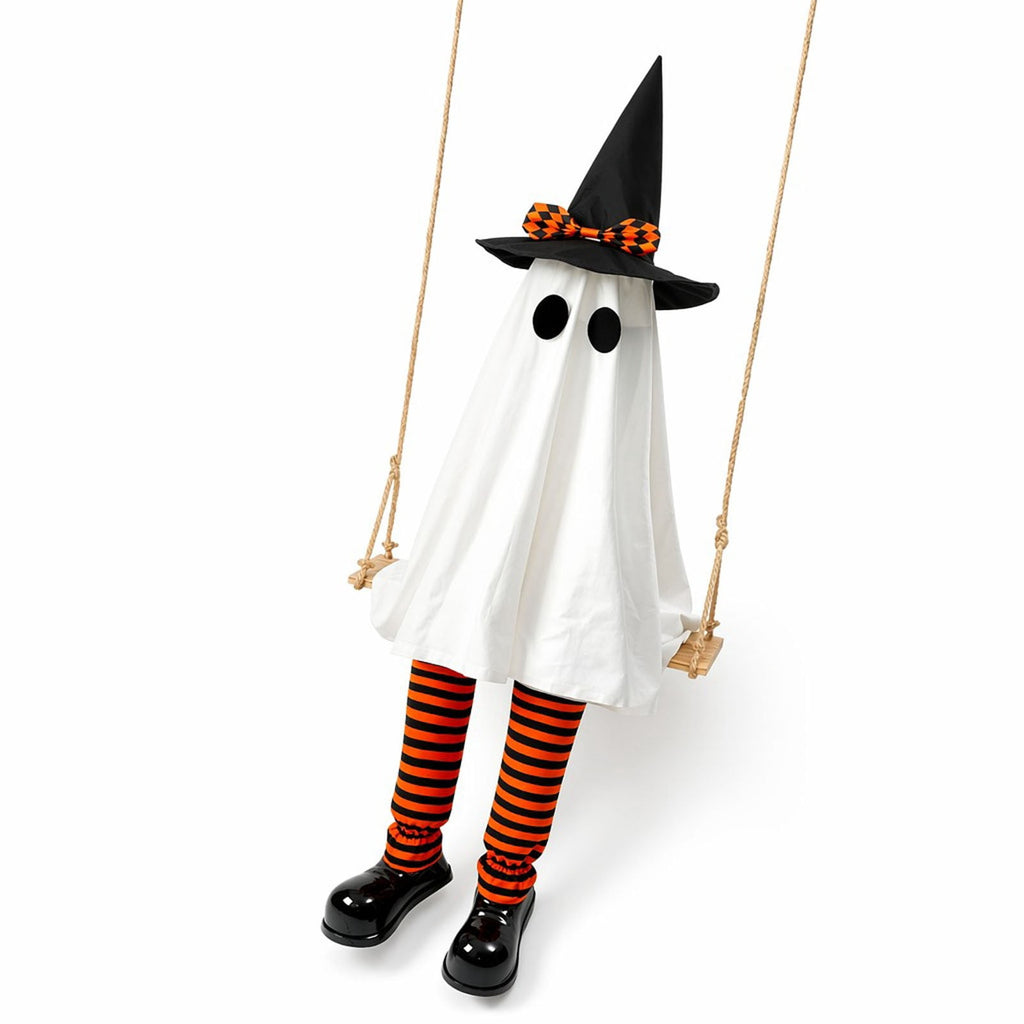 Cloth Hanging Swing Ghost Halloween Outdoor Decor,Remote Controlled LED Lighted Floating Ghost Ornament With 8 Lighting Modes For Porch Tree Yard Seasonal Holiday Display,Total Length 120.4 in.A