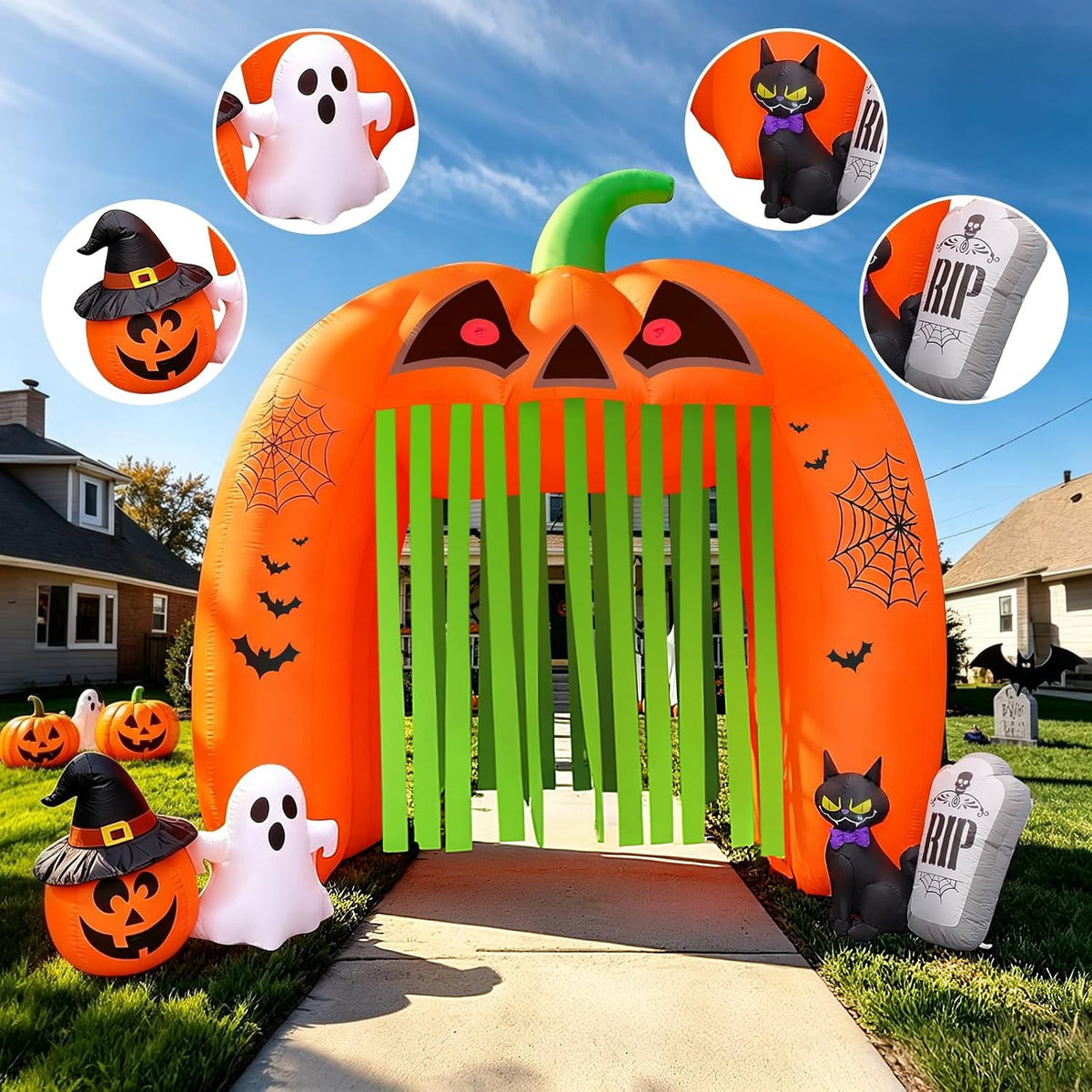 Kalolary 12FT Halloween Inflatable Pumpkin Tunnel Archway, Walk-Through Haunted House with Ghost, Cat & Tombstone for Outdoor Yard Decoration