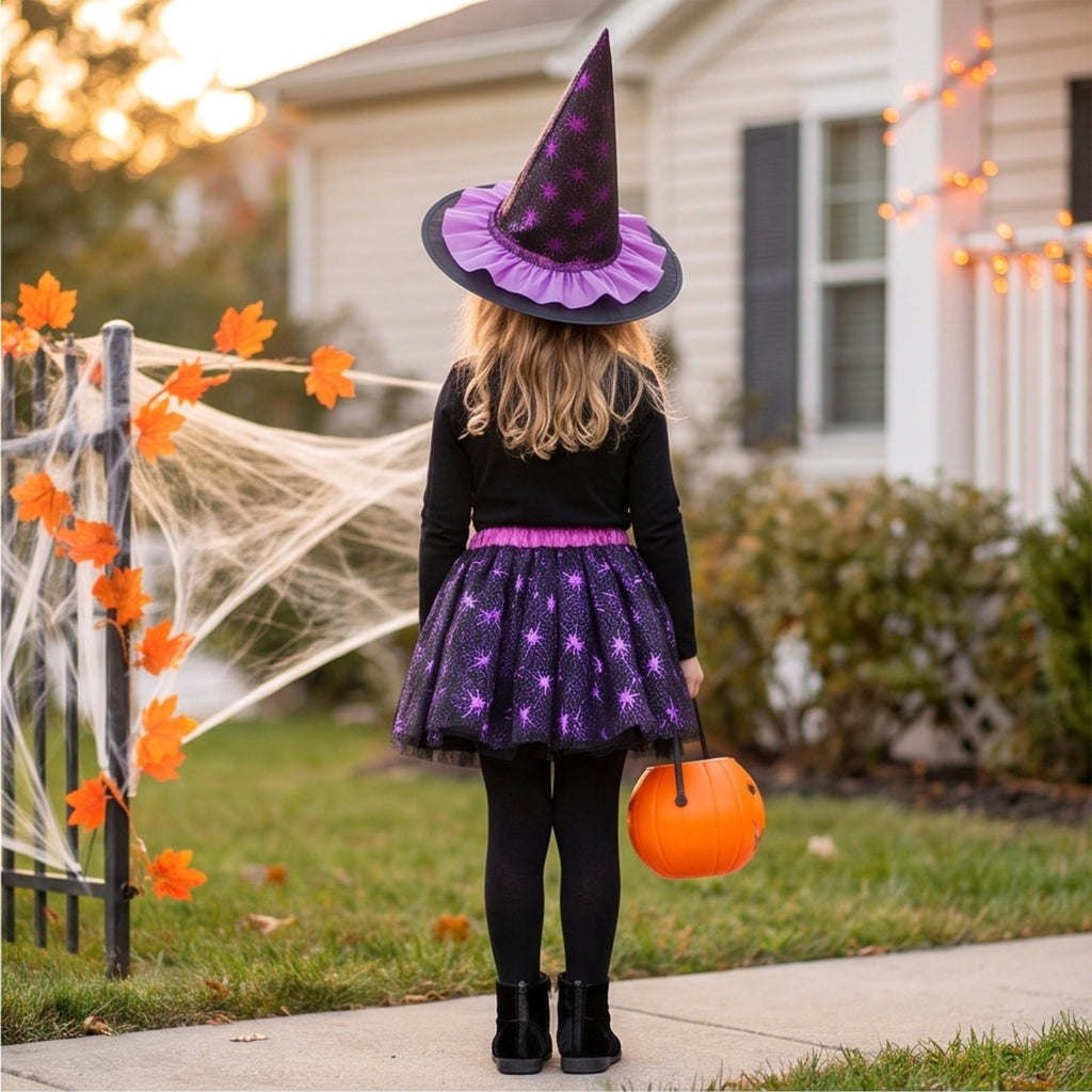 choiix Witch Tutu Skirt and Hat Set with Broomstick Halloween Costume Outfit with Printed Tulle Skirt and Witch Hat Cosplay Outfit for Party 100
